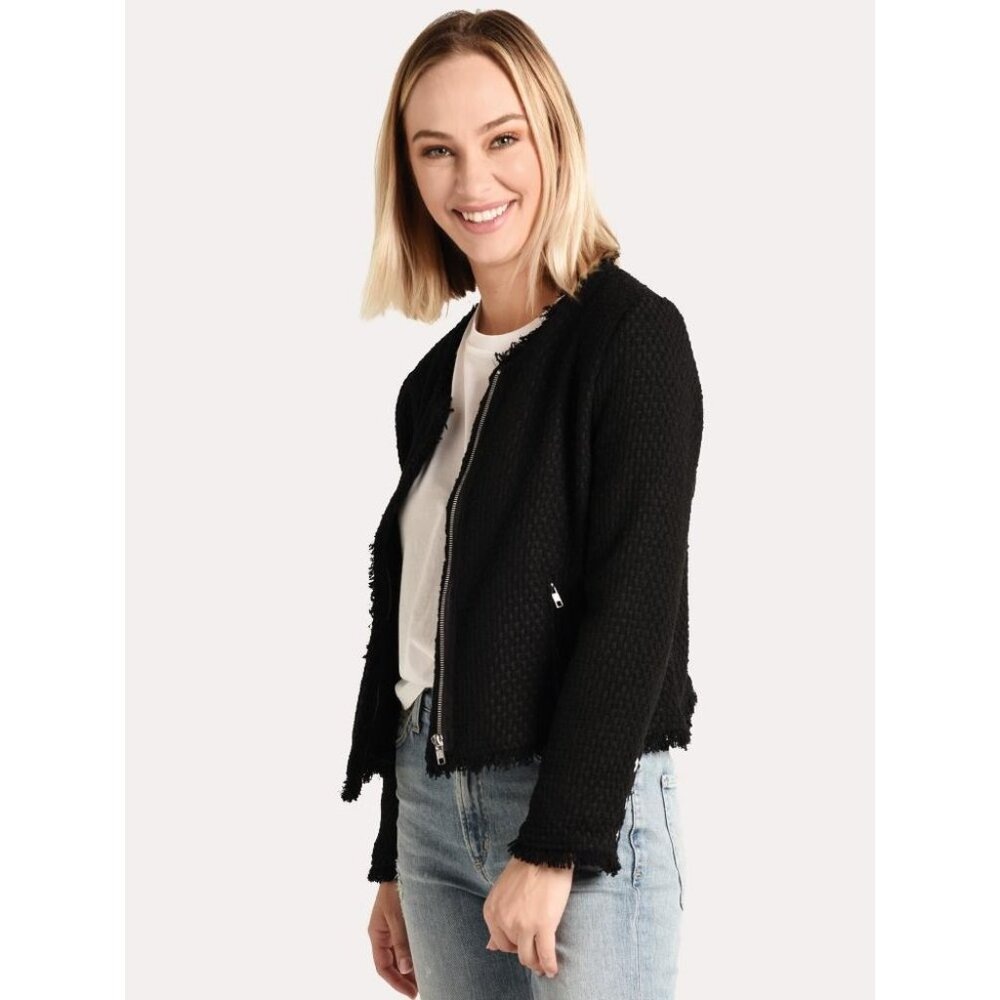 BB Dakota Feeling Fancy Jacket Size Medium Tweed Zip Front Fringe Trim Black